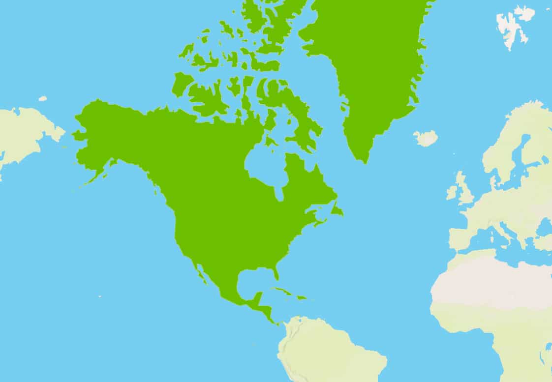 Map of the globe focused on North America