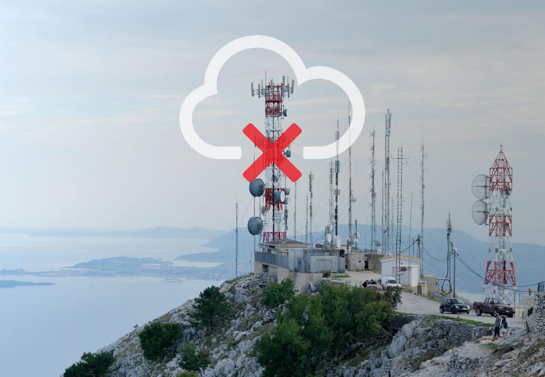 Remote telecom site with broken network symbol overlayed