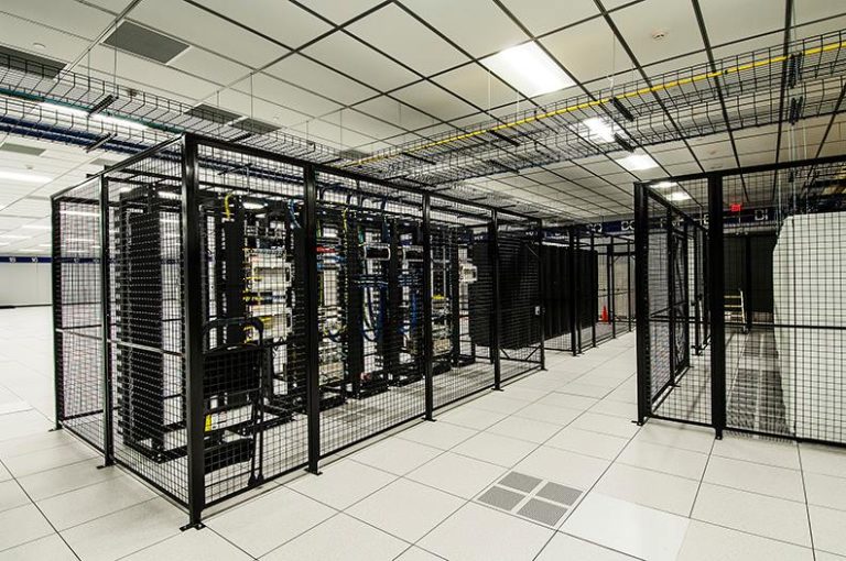 Collocated data center with each client seperated by secure metal mesh cages