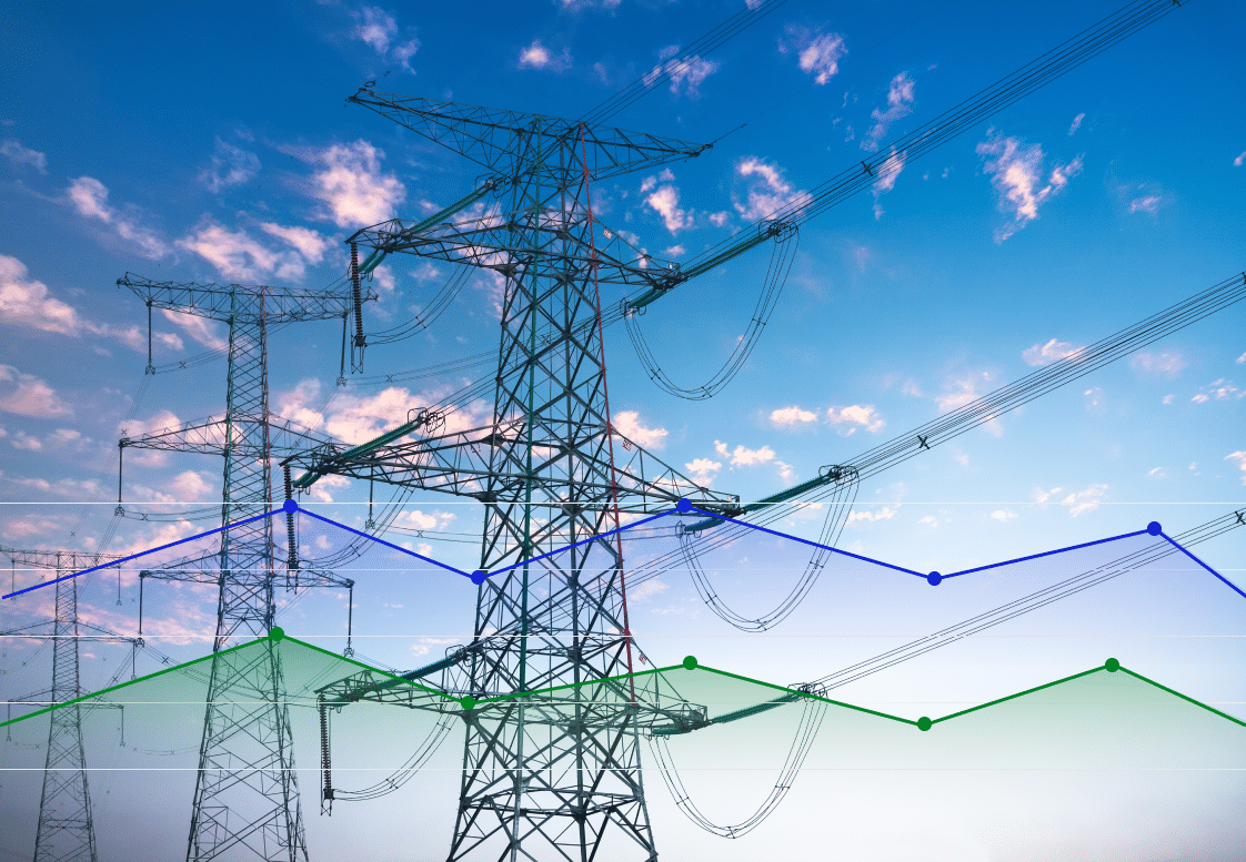 Power lines with a lightly cloud sky in the background and graph lines indicating power levels overlaying